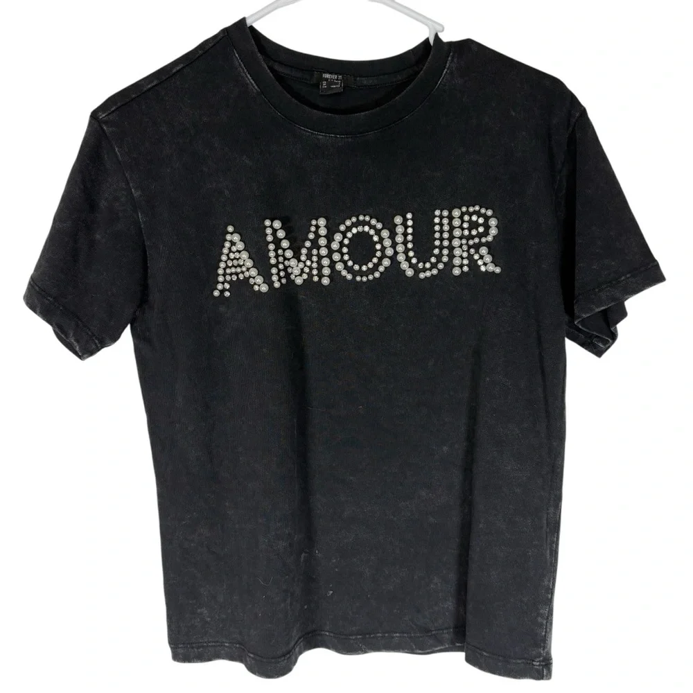 Forever 21 Kids 11/12 Short Sleeve Amour Rhinestone Pearl Detail Shirt Top NWOT